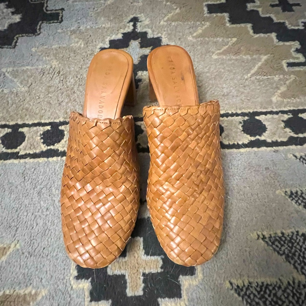 Freda Salvador Woven Leather Mules in Tan